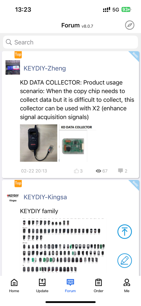 Mobile KD - Interfaz del foro de la aplicación Mobile KD con publicaciones sobre recopilación de datos de llaves y la familia de llaves remotas KEYDIY