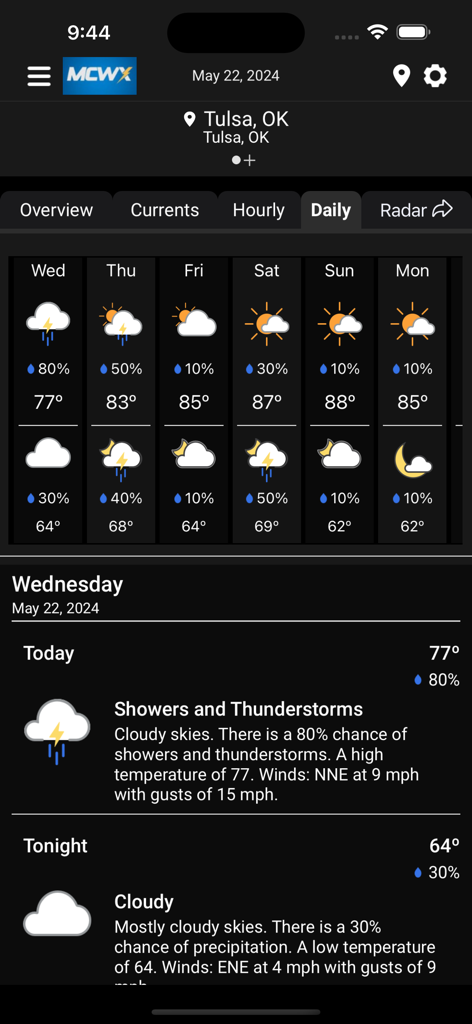 MCWX - MCWX app daily weather forecast interface for Tulsa Oklahoma showing showers and thunderstorms summary.