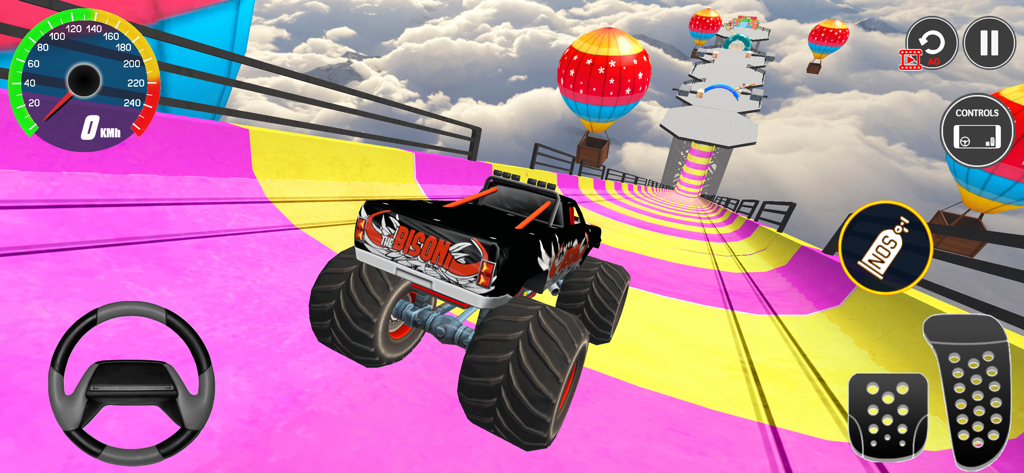 4x4 Monster Truck Racing Games - A black monster truck driving on a colorful stunt ramp high in the clouds with hot air balloons