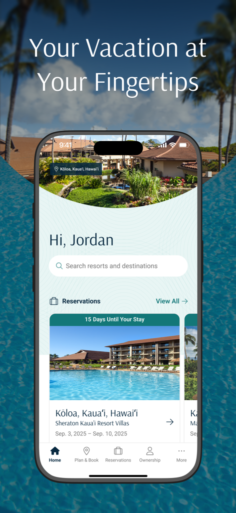 Sheraton® Vacation Club - The home screen of the Sheraton Vacation Club app showing an upcoming reservation for a resort in Hawaii.