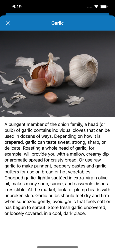 VizChefレシピアプリ内のニンニクのビジュアル説明と買い物のアドバイス