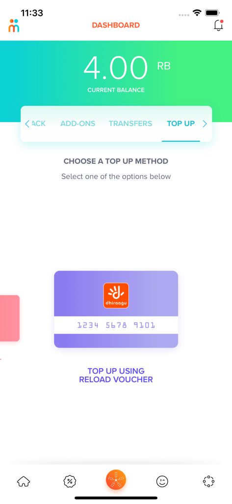Mamen app dashboard showing current balance and top up method using a reload voucher.
