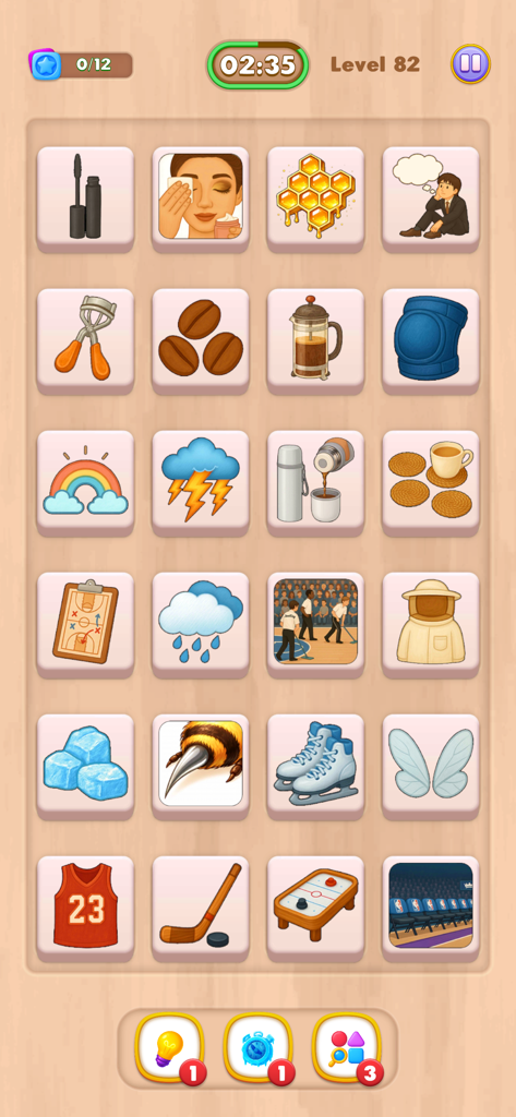 Icon Associations - A mobile puzzle game screen showing a grid of twenty four icons including coffee sports equipment and weather symbols on a wooden background