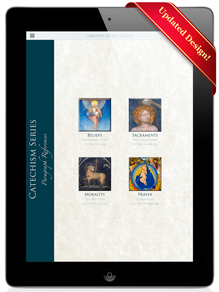 CCCSeries1HD - iPad screenshot of CCCSeries1HD app main menu with categories for Beliefs Sacraments Morality and Prayer