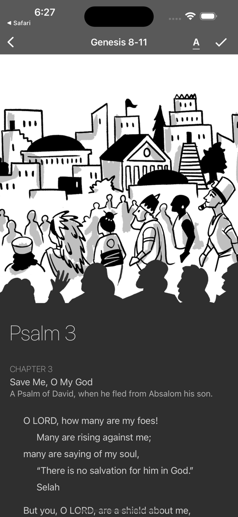 Interfaz de la aplicación Read Scripture que muestra el Salmo 3 con una ilustración estilizada en blanco y negro