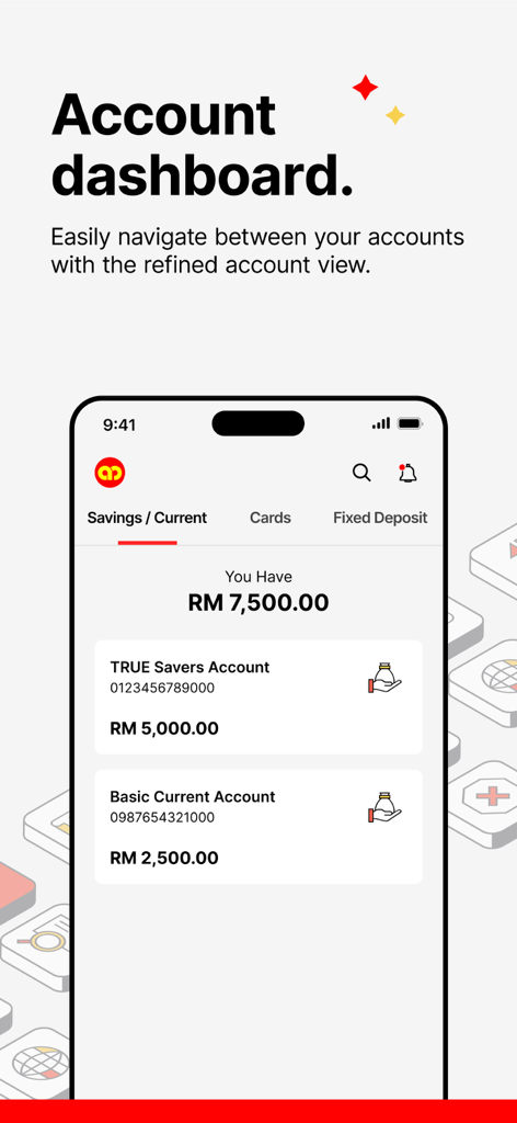 AmOnline mobile banking app account dashboard showing savings and current account balances in Malaysian Ringgit
