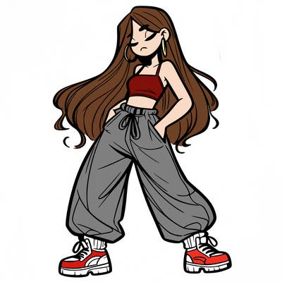 girl in baggy pants crop top and long hair