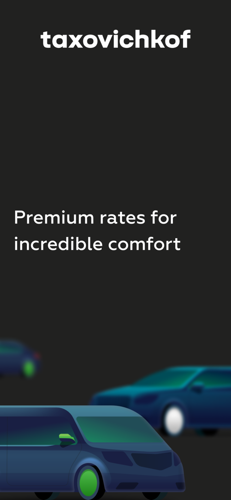 Таксовичкоф — Заказ такси - Taxovichkof アプリの画面。車のイラストとともに、快適なタクシーライドのプレミアム料金を表示しています。