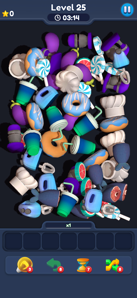 Food Match 3D: Tile Puzzle - Gameplay de Food Match 3D montrant un puzzle 3D avec des articles de nourriture et un chronomètre