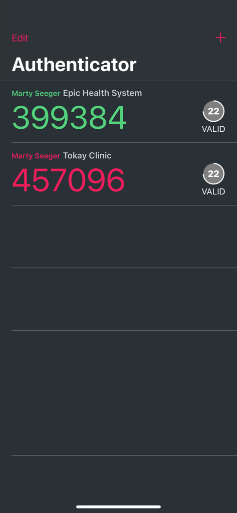 Epic Authenticator screen showing 2FA security codes for healthcare login verification