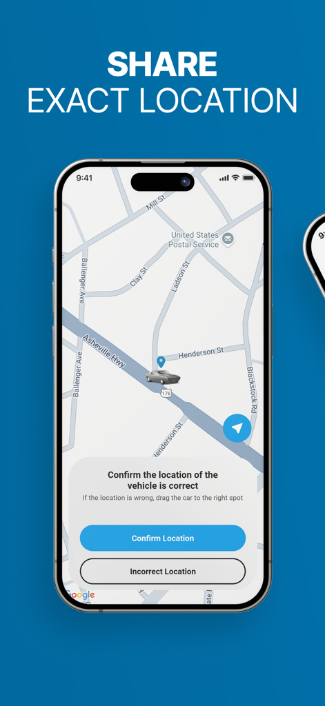 Roadside Assistance - An iPhone screen displaying the roadside assistance app map interface where a user confirms their vehicle location for rescue.