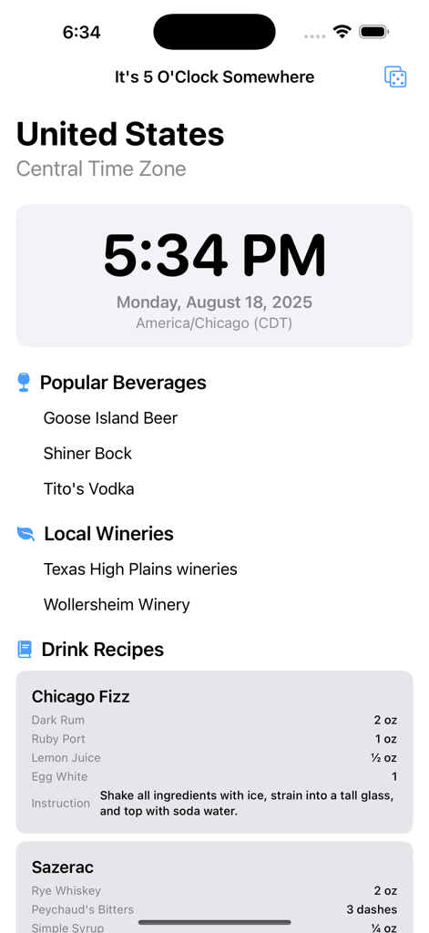 It's 5 O'Clock Somewhere - Mobile app interface showing current time in the US and regional cocktail recipes.