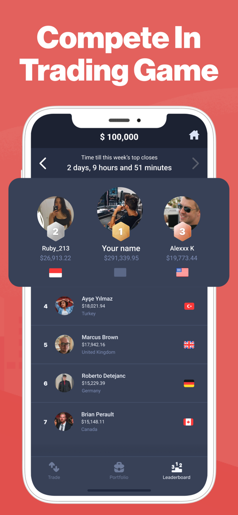 Forex Hero app leaderboard displaying global trader rankings and earnings in a competitive trading game.
