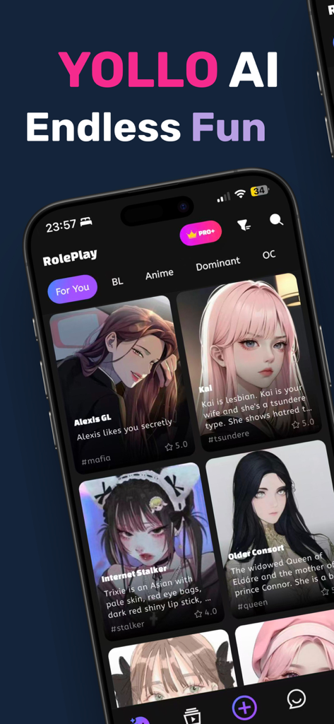 Yollo AI mobile app interface showing a selection of anime style characters for digital roleplay