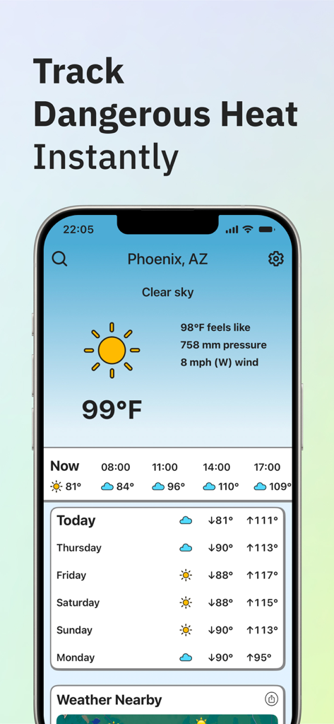 Captura de tela do aplicativo Weather Cards mostrando previsão de alta temperatura e céu limpo em Phoenix