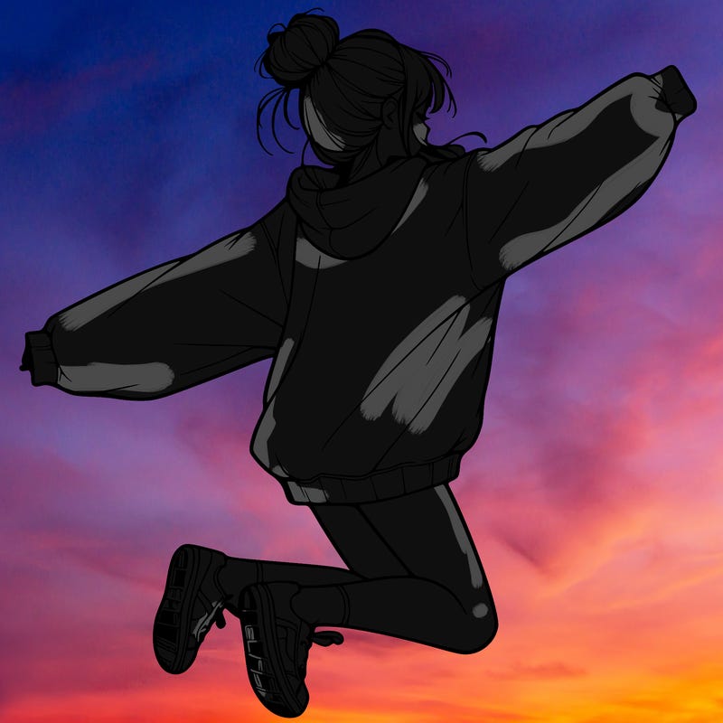 realistic girl jumping with a bun and oversized sweatshirt