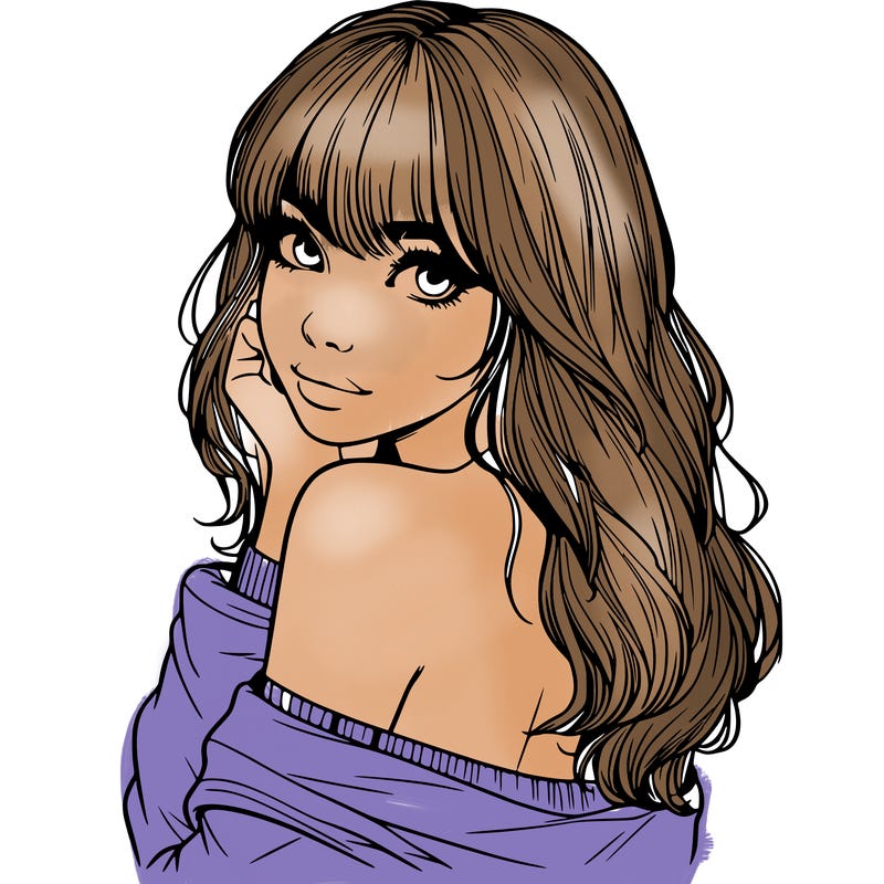 realistic girl with bangs looking over her shoulder