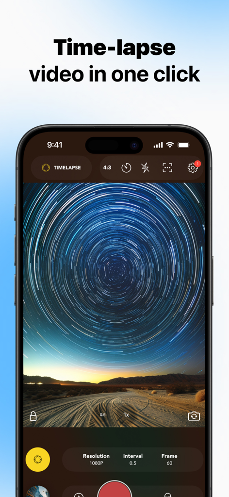 Interfaz de la aplicación Snap Pro Camera mostrando captura de timelapse de estelas de estrellas con configuraciones manuales de resolución e intervalo.
