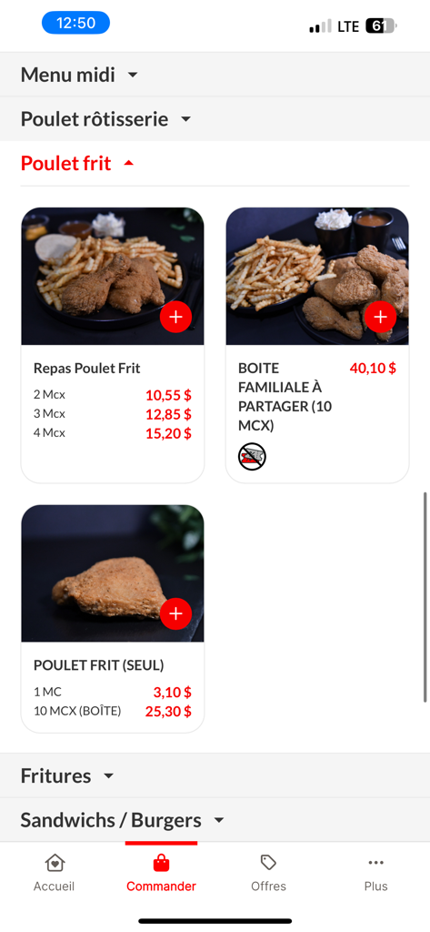 A mobile app screen displaying fried chicken meal options and prices for Les Rotisseries Ti-Coq in Trois-Rivieres.