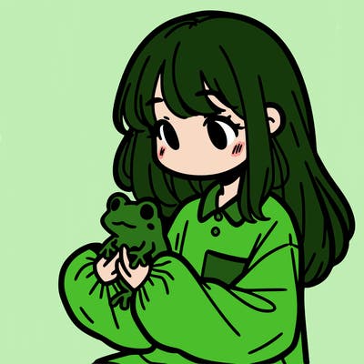 girl with long hair and a oversized shirt. and she is holding a frog