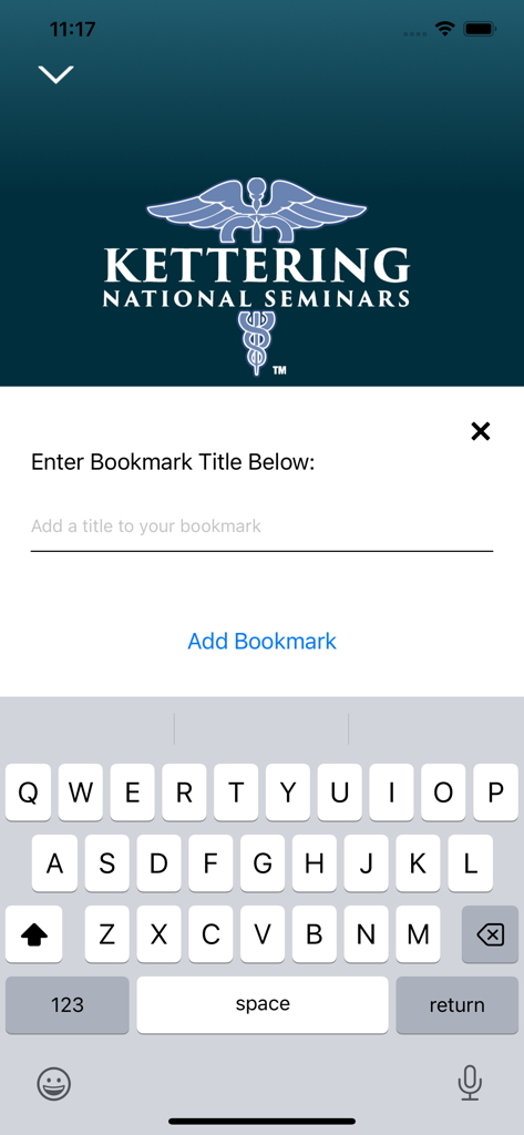 Rad Tech Audio - Interface pour ajouter un titre de signet dans l'application Rad Tech Audio avec le logo Kettering National Seminars.