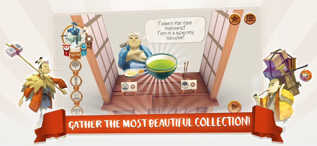 Un viajero comprando un cuenco de recuerdo a un comerciante en el juego de mesa digital Tokaido