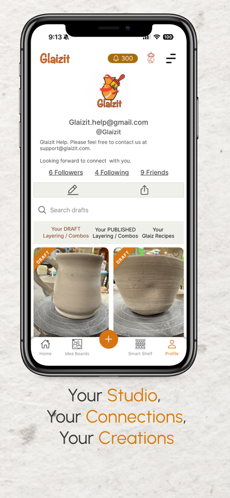 Glaizit – Smart Pottery Hub - Glaizit app user profile interface showing pottery draft projects and social connections