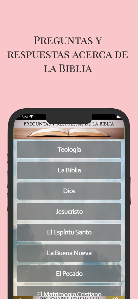 Hauptmenü der Fragen und Antworten Bibel-App mit Themen wie Theologie, Gott und Jesus Christus auf Spanisch.