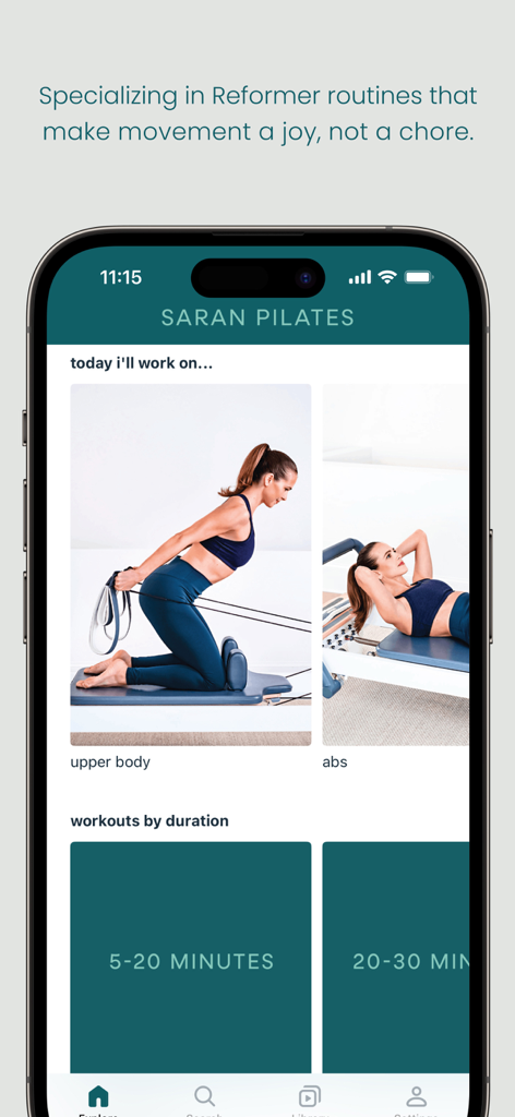 Saran Pilates - Interfaz de la aplicación móvil Saran Pilates que muestra categorías de clases para la parte superior del cuerpo y abdominales con opciones para filtrar por duración