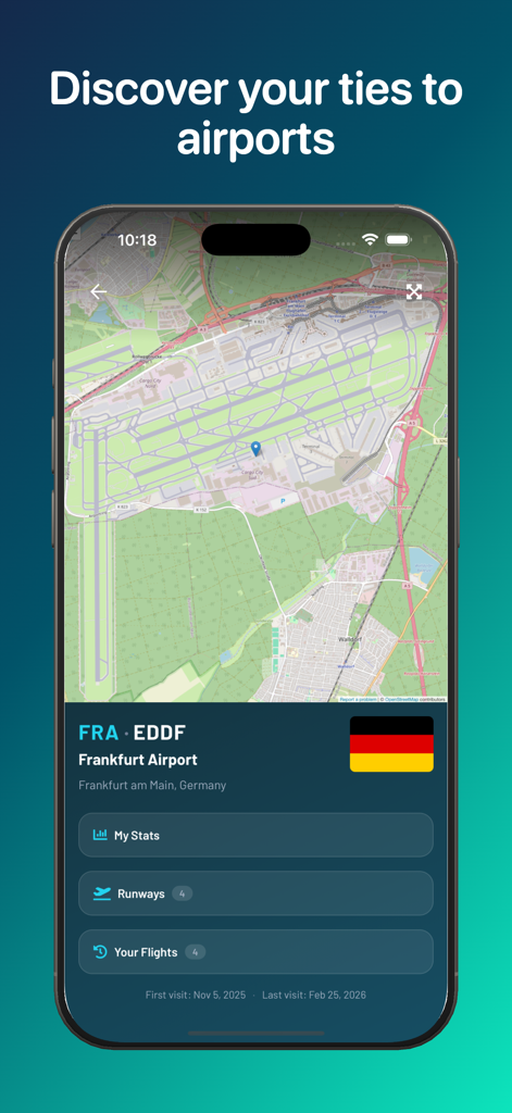 Fleet: Planes You’ve Flown - Fleet app interface showing an airport map and flight statistics for Frankfurt Airport