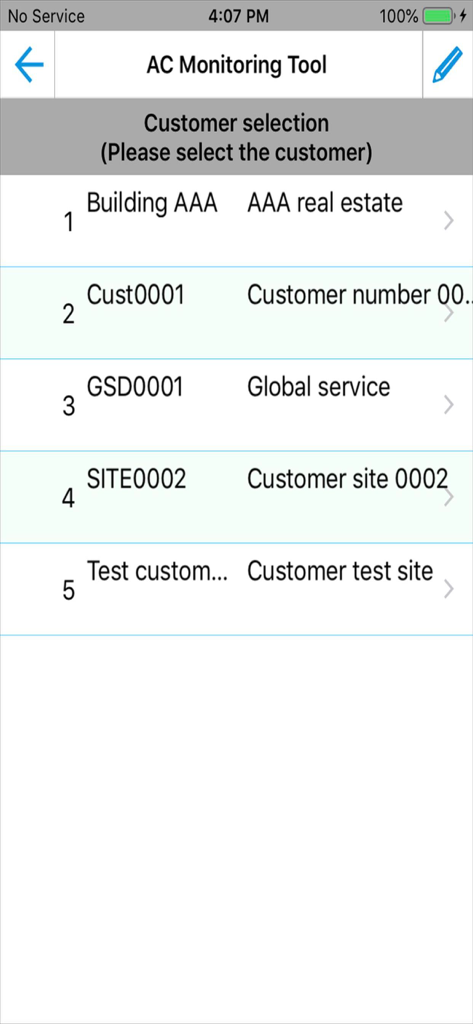 Daikin AC Monitoring Tool - Daikin AC Monitoring Tool customer selection screen listing various service site names for HVAC technicians