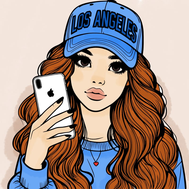 realistic beautiful girl wearing los ángeles cap holding an iphone