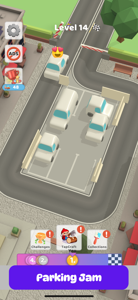 A top down view of a car parking puzzle level in the Parking Jam 3D mobile game