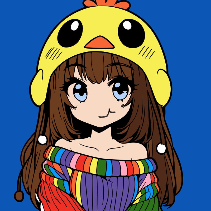 anime girl with chick shaped hat with sweater with bare shoulders with bangs covering them one eye with low tail