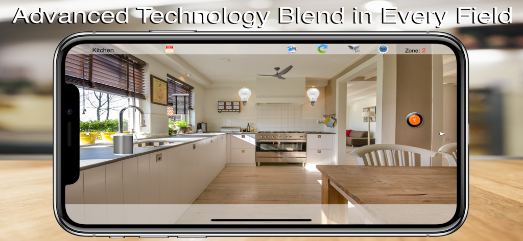 HOS Smart Home IP Control - Smartphone screen showing the HOS Smart Home app with interactive light and audio controls over a kitchen photo.