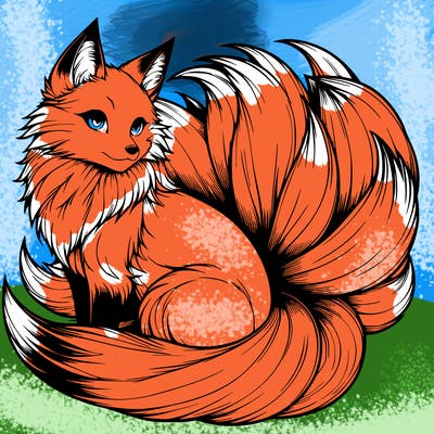 realistic detailed 9 tailed anime fox