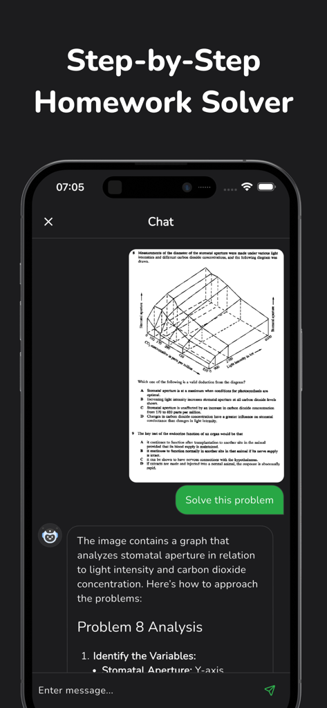 Biology AI app interface showing a step by step homework solution for a scientific graph problem