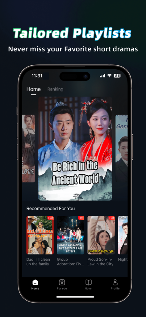 Micro Drama app screen showing tailored playlists and recommended short dramas like Be Rich in the Ancient World.