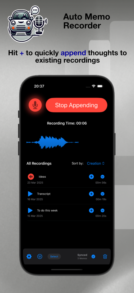 Auto Memo Recorder - Interfaz de la aplicación Grabadora Auto Memo que muestra la función de añadir pensamientos a grabaciones existentes
