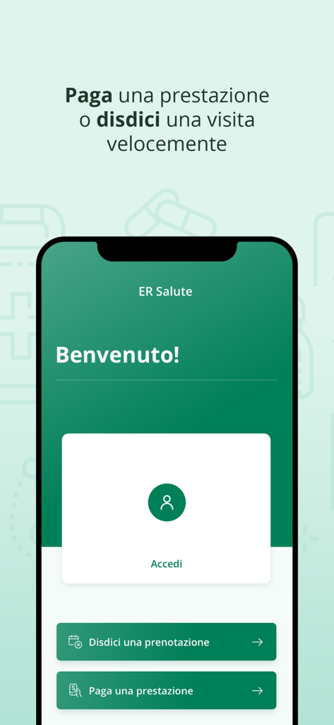 ER Salute mobile app welcome screen showing options to log in, cancel appointments, and pay for healthcare services in Italian