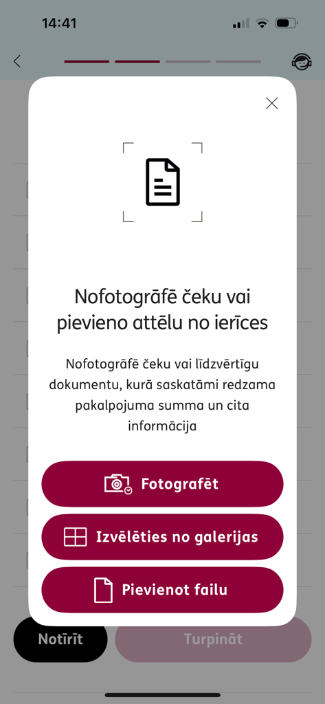 ERGO Latvija - ERGO Latvija app interface showing options to photograph a receipt, choose from gallery, or upload a file for insurance claims
