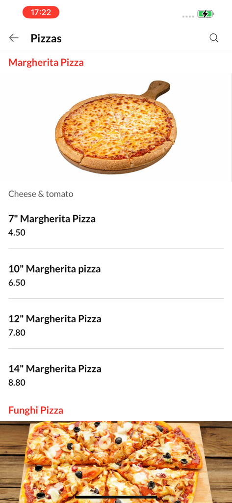 Manny's. - Mannys 앱의 크기 및 가격 옵션이 있는 마르게리타 피자 메뉴