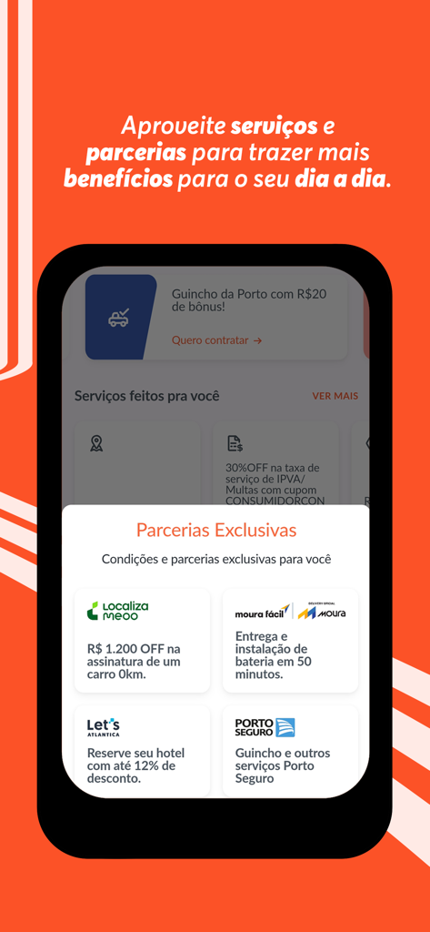 ConectCar: Tag, benefícios e + - Smartphone screen showing the ConectCar app with exclusive partnership offers for car services and hotel discounts.
