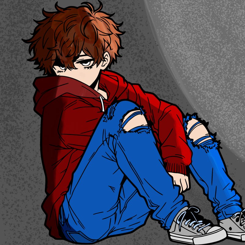 a male hoddie ripped jeans messy hair anime