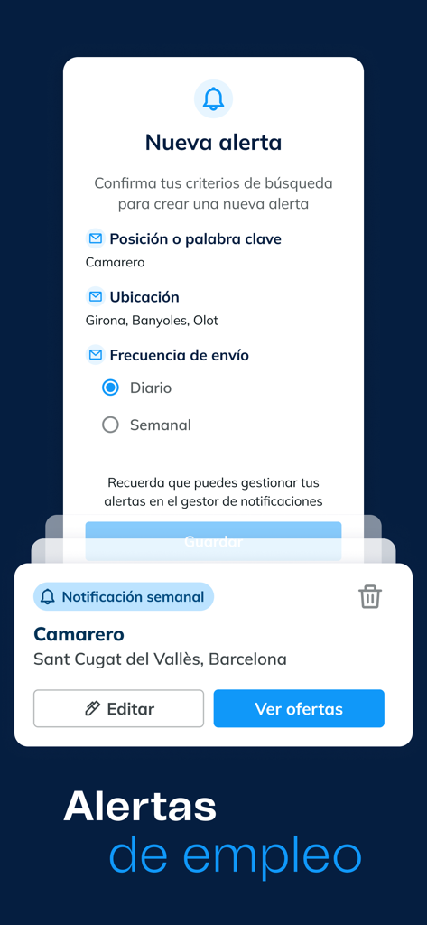 Interfaccia dell'app mobile Eurofirms per creare avvisi di lavoro con filtri per posizione e frequenza di notifica