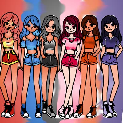 a group of girls wearing crop tops and shorts