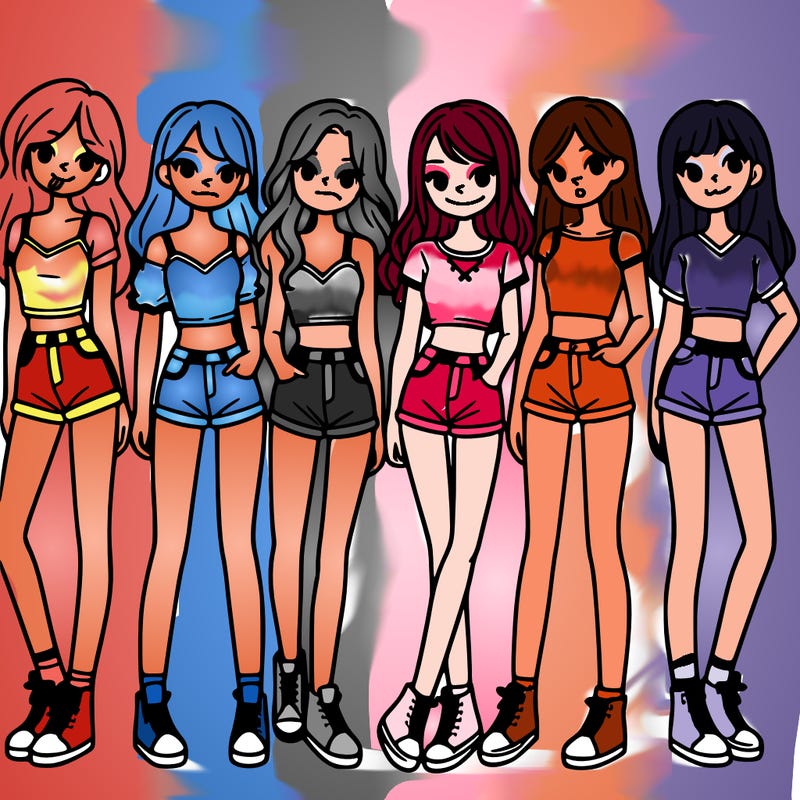 a group of girls wearing crop tops and shorts