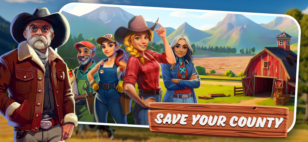 Big Farm Homestead - Un grupo de personajes de granja de pie en un paisaje rural del Medio Oeste con un granero y montañas al fondo