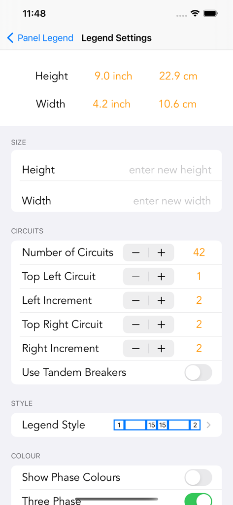 Panel Legend 2 - Interfaz para configurar las dimensiones de la leyenda del panel eléctrico y la numeración de circuitos en la aplicación Panel Legend 2
