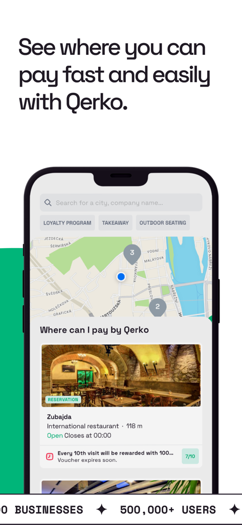 Qerko - Qerko app map interface for finding nearby restaurants and cafes with mobile payment options